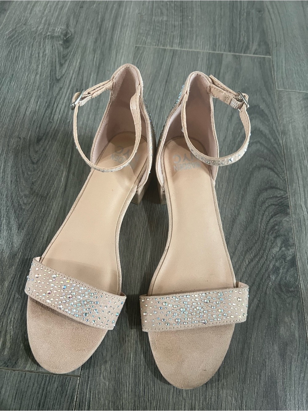 Beige Embellished Ankle-Strap Block Heel Sandals